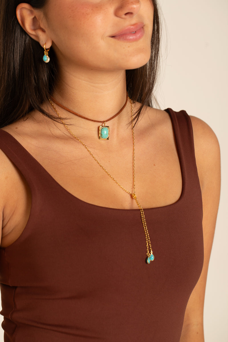 Colar Gravatinha Turquesa - Colar Dourado Lucky Bijoux