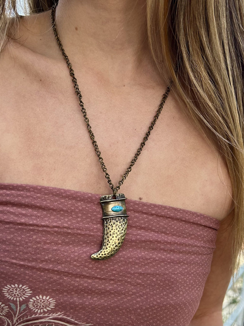 Colar Dente Boho Turquesa - Colar Dourado Lucky Bijoux