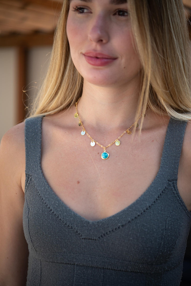 Colar Medalhas Turquesa - Colar Dourado Lucky Bijoux