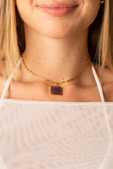 Colar Square Gem - Roxo - Colar Dourado Lucky Bijoux